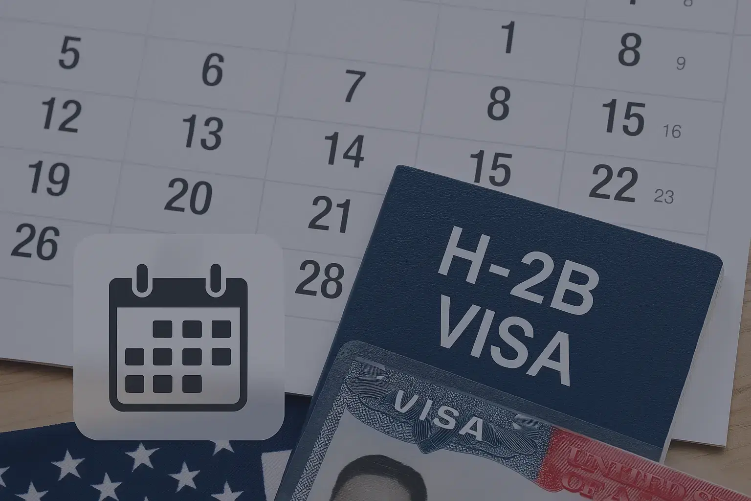 Two professionals sitting at a desk in a legal office, reviewing documents related to a visa application. A calendar and a paper labeled 'VISA' with an image of a seasonal worker in a safety vest are visible on the table. Overlaid text reads: 'How Long Is an H-2B Visa Valid?'