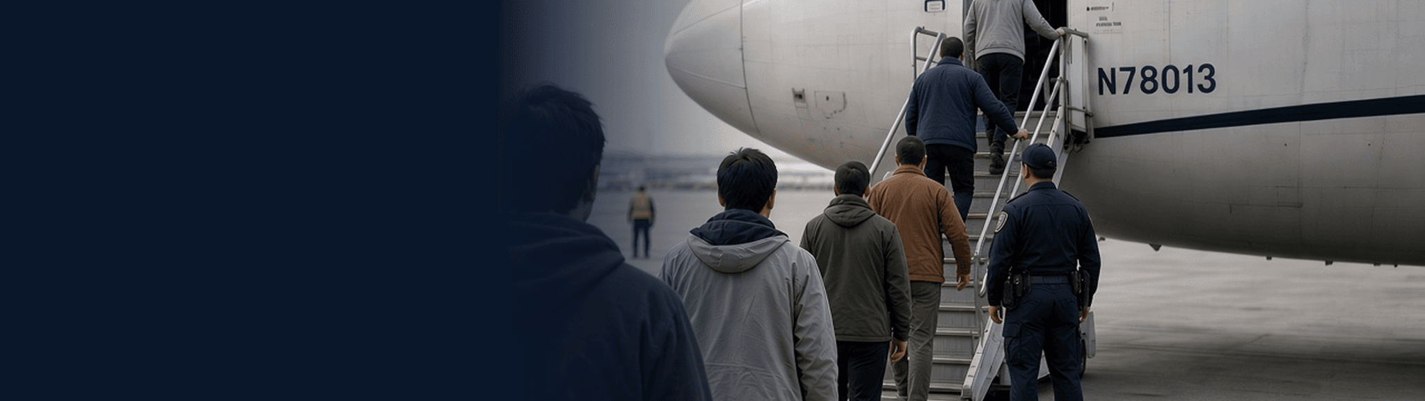 Deportation of a permanent resident People boarding an aircraft under officer supervision during an immigration removal