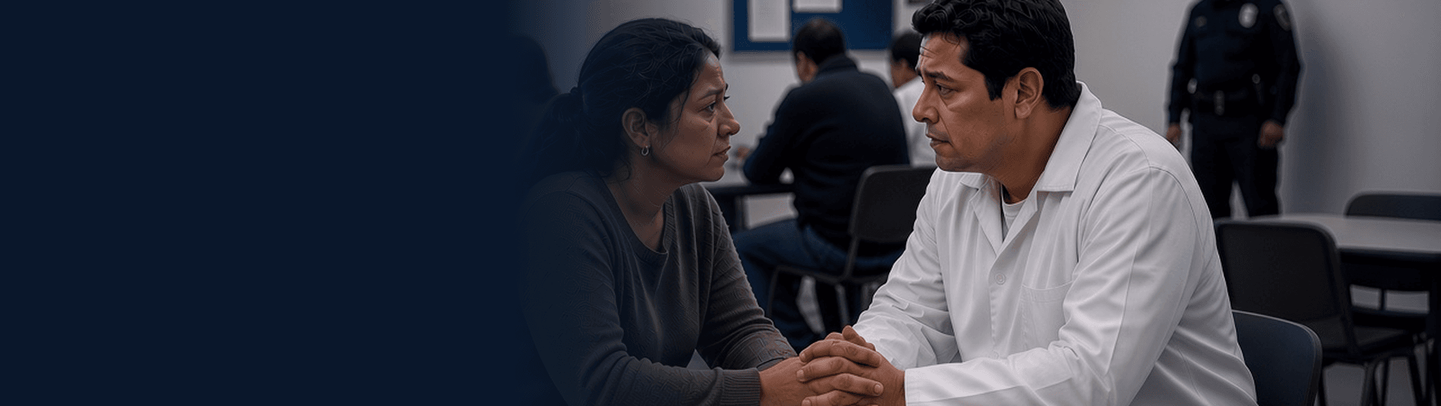 Detención por ICE de un residente permanente Hombre reuniéndose con un familiar en una sala de visitas de un centro de detención migratoria