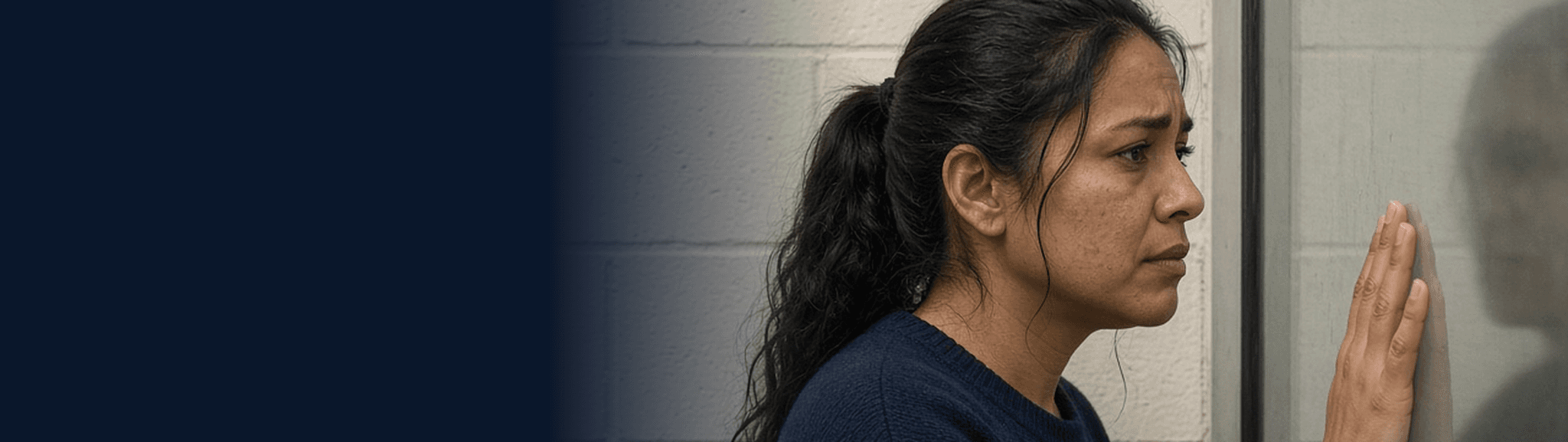 Detención migratoria obligatoria Mujer visitando a un ser querido a través de una división de vidrio en un centro de detención